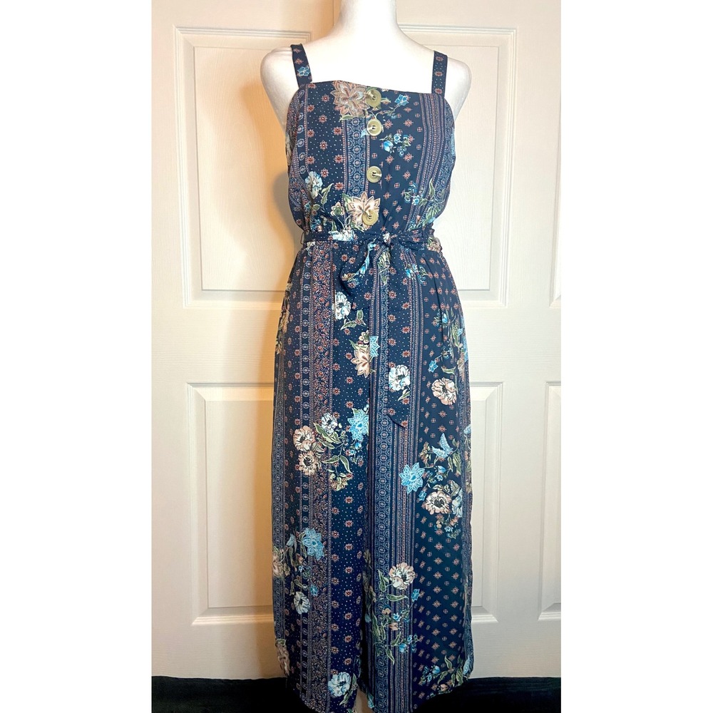 Boho Navy Blue Floral Wide Leg Sleeveless Jumpsuit Vacation  Medium
